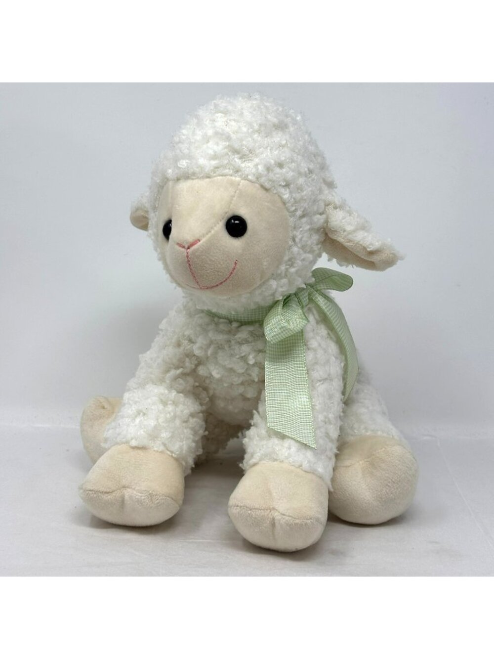 HOBBY LOBBY White Cream Lamb Green Gingham Bow Plush